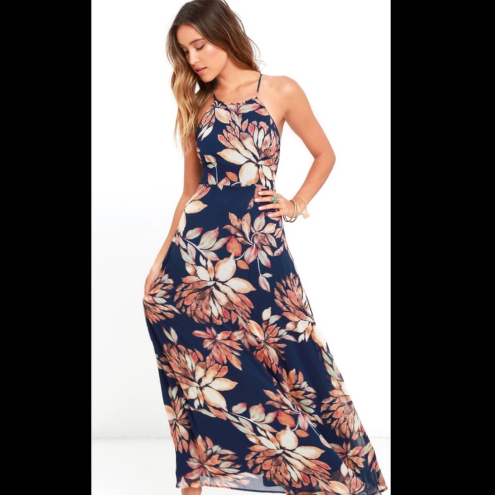 Lulus Adventure Seeker Navy Floral Maxi Dress